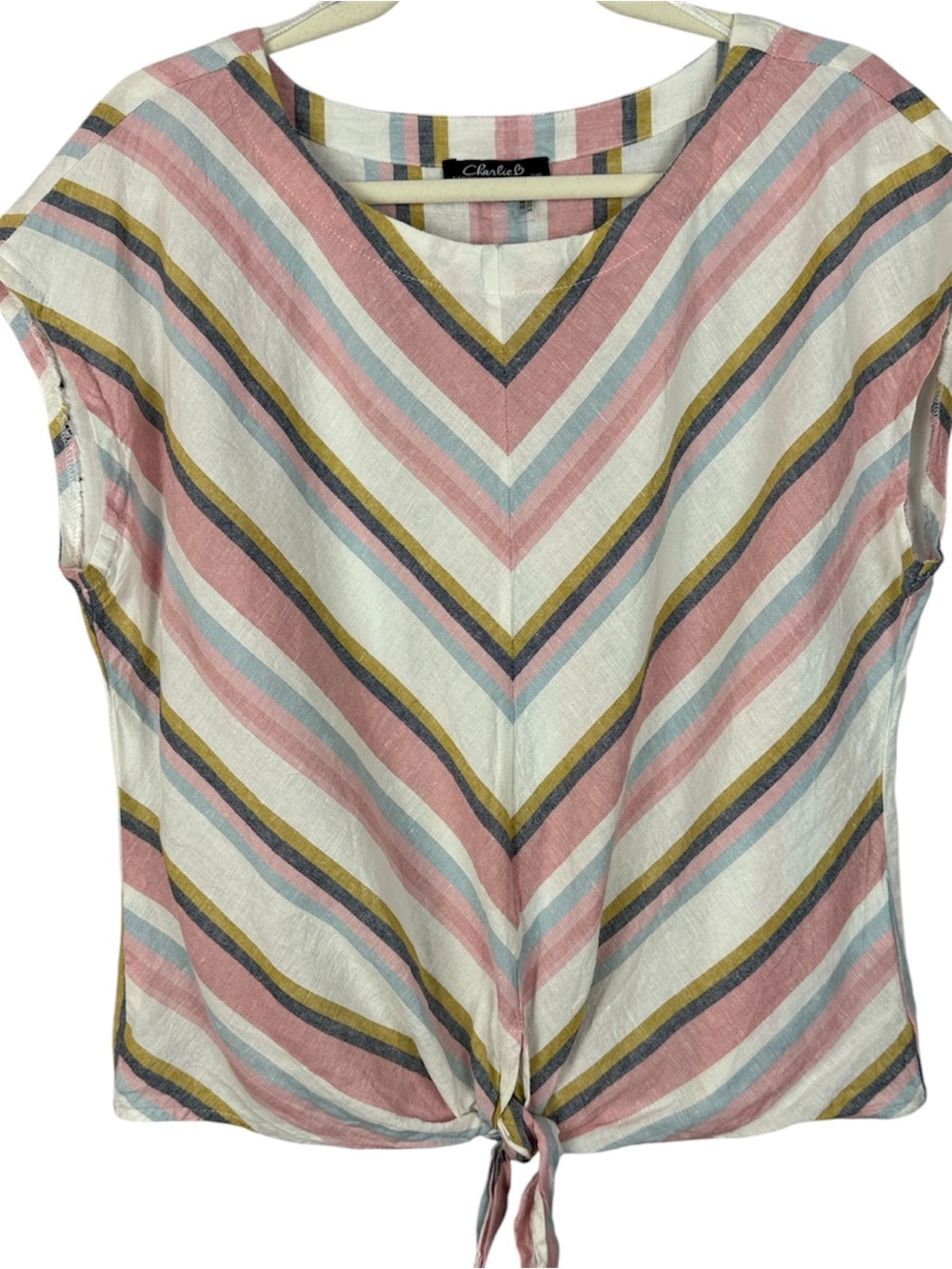 Charlie B Linen Cotton Blend Striped Tie Front Top Medium Pink Blue Chevron